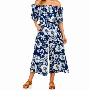 A.U.W floral jumpsuit Navy & White Sz 10 Beach Boho Resortwear Summer